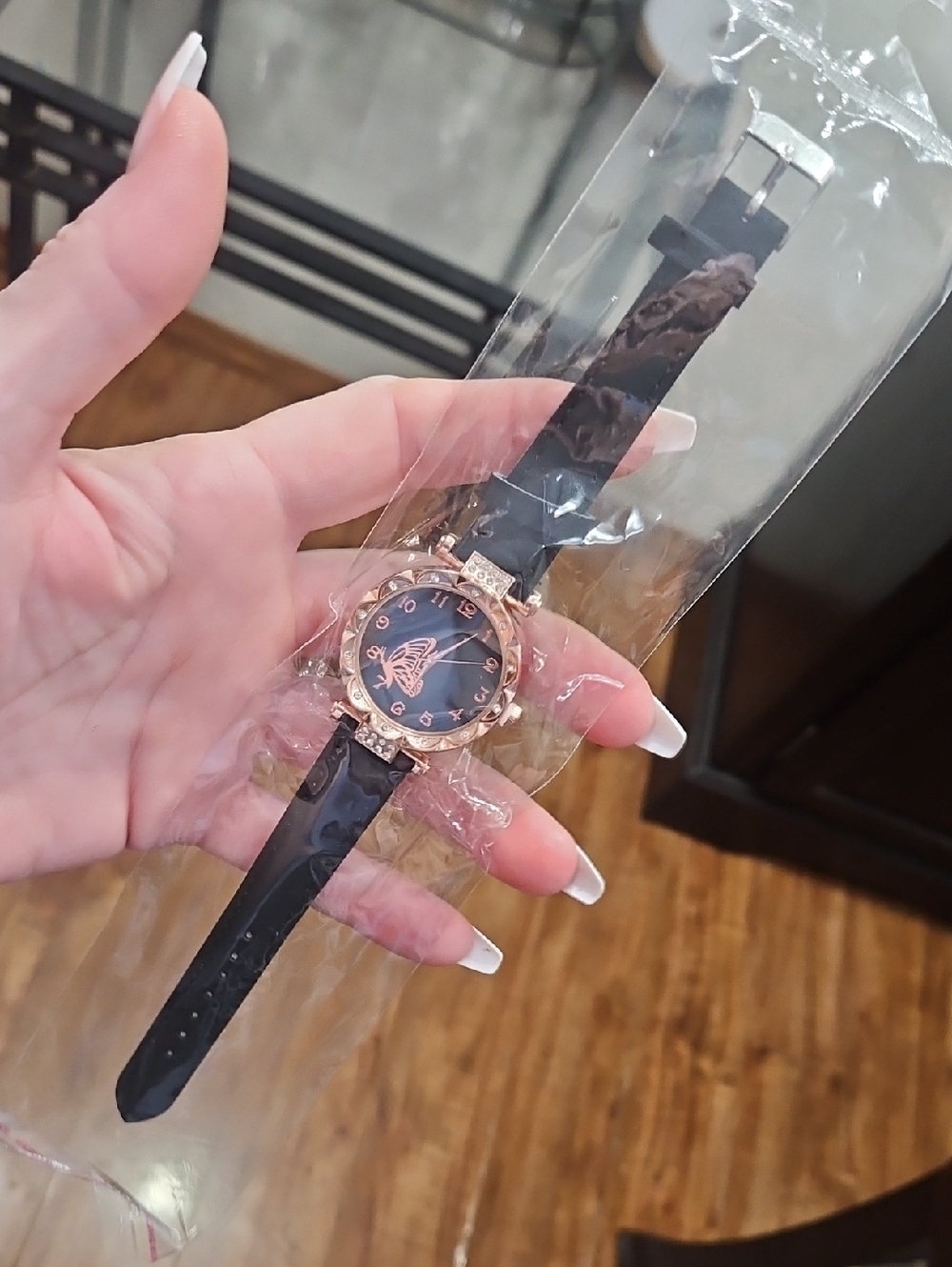Women’s Black Leather Strap Watch with Rose Gold Accents